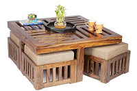 Thumbnail for Sheesham Wood Coffee Table with 4 Stools Set in Teak Finish & Jute Beige Fabric