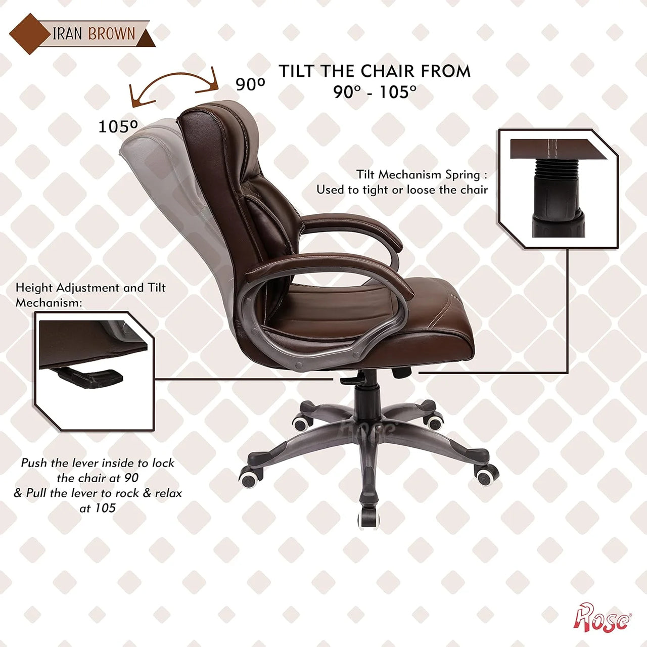 Iran Leatherette Executive Mid Back/High Back Revolving Office Chair (Brown, Mid Back)