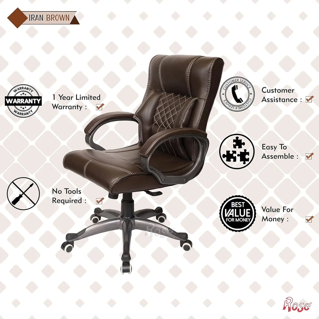Iran Leatherette Executive Mid Back/High Back Revolving Office Chair (Brown, Mid Back)