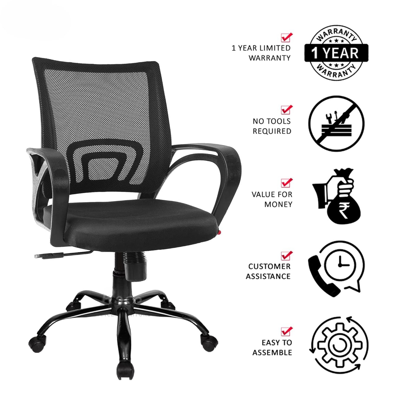 Mesh Mid-Back Ergonomic Office Chair (Ruby) (Black)