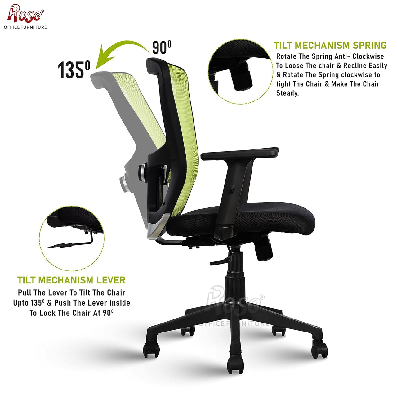 Teesla Mesh High-Back/Mid - Back Ergonomic Office Chair (Green, Mid Back)