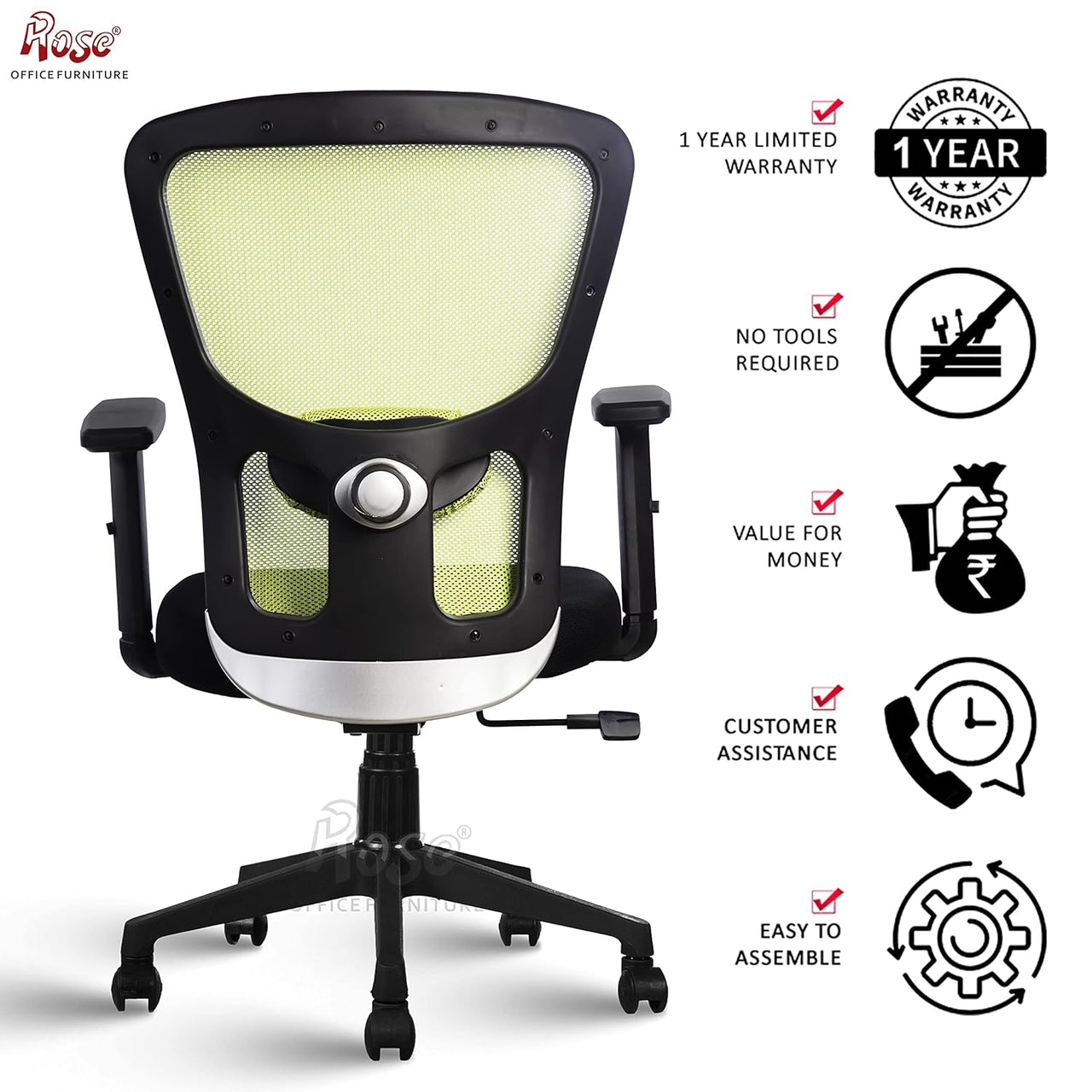 Teesla Mesh High-Back/Mid - Back Ergonomic Office Chair (Green, Mid Back)