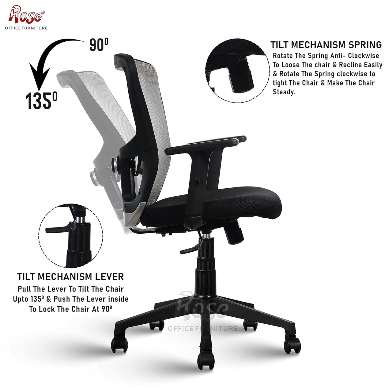 Teesla Mesh High-Back/Mid - Back Ergonomic Office Chair (Grey, Mid Back)