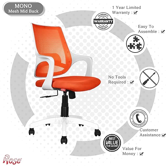 Mono Mesh Mid-Back Ergonomic Office Chair (White & Orange)