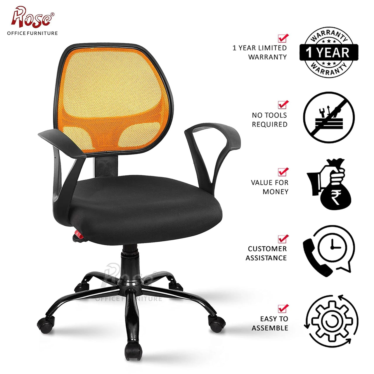 Hippo Mid-Back Ergonomic Office Chair (Orange)