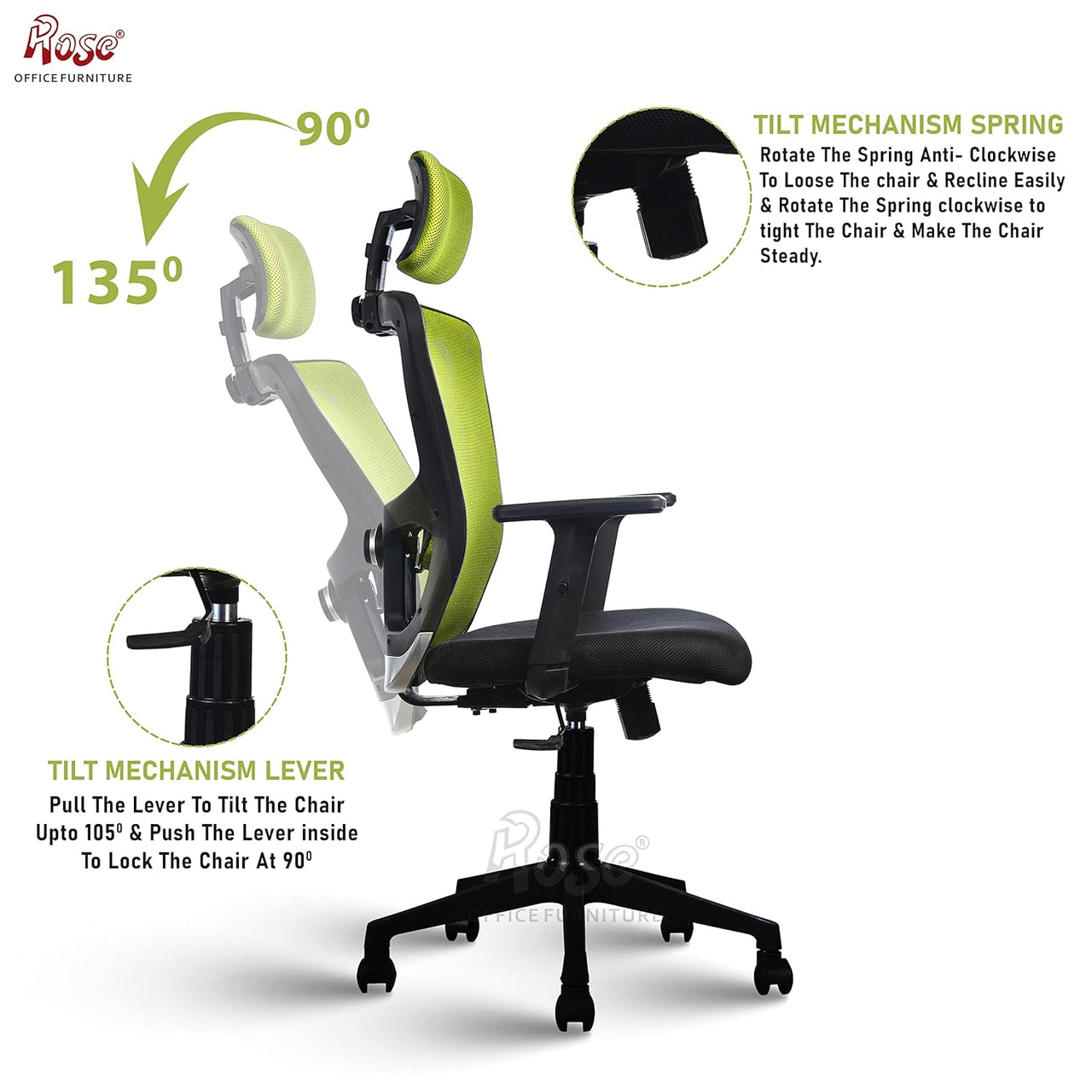 Teesla Mesh High-Back/Mid - Back Ergonomic Office Chair (Green, High Back)