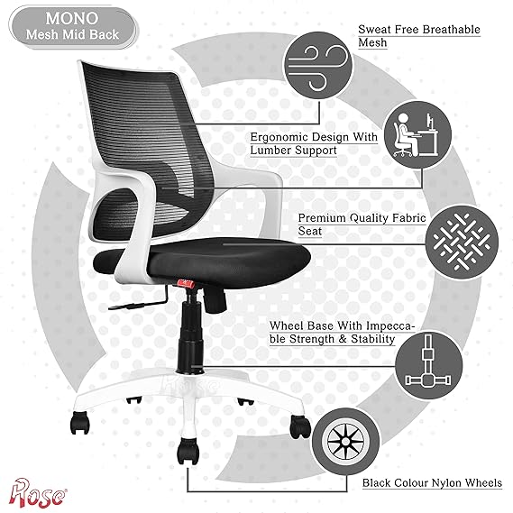Mono Mesh Mid-Back Ergonomic Office Chair (White & Black)