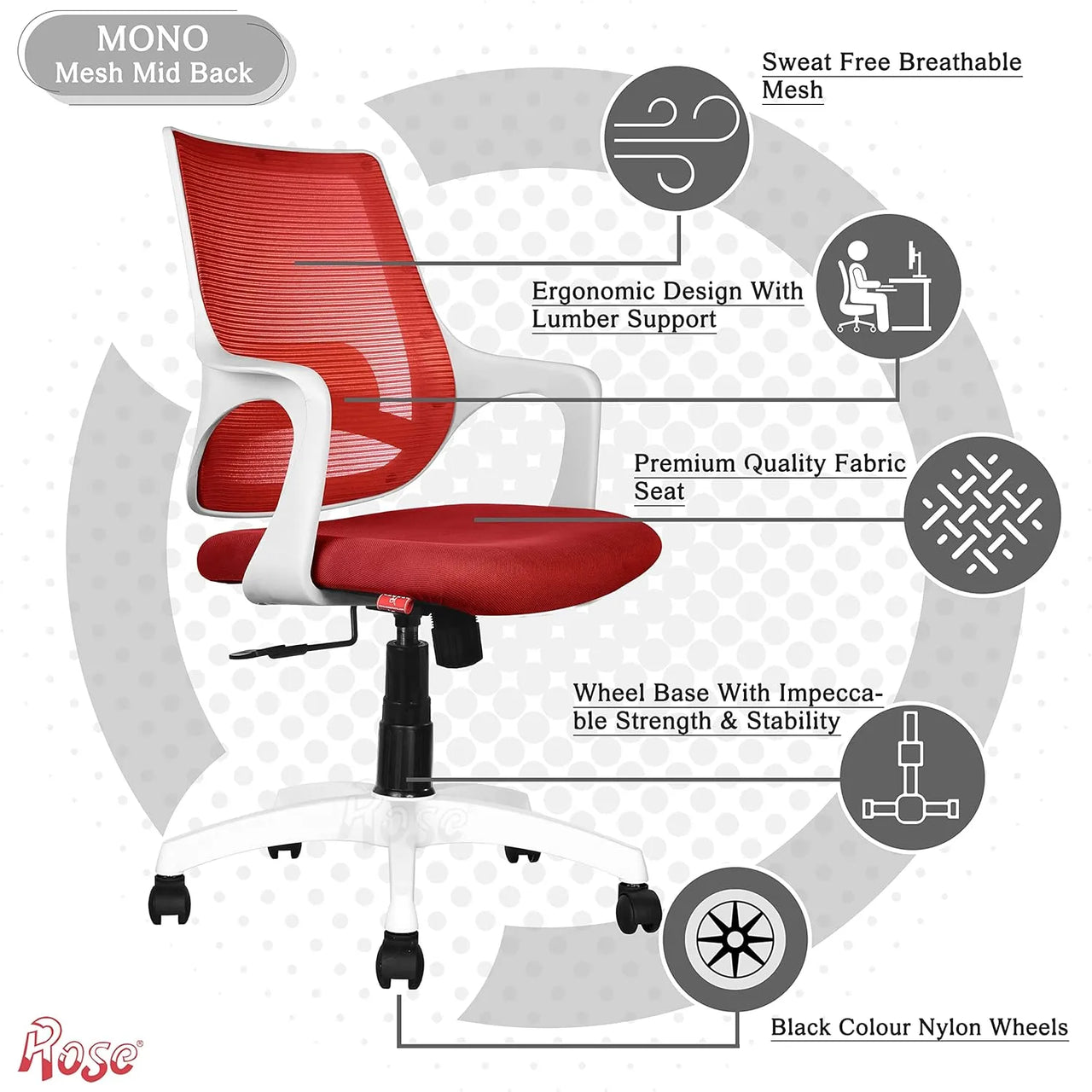Mono Mesh Mid-Back Ergonomic Office Chair (White & Red)