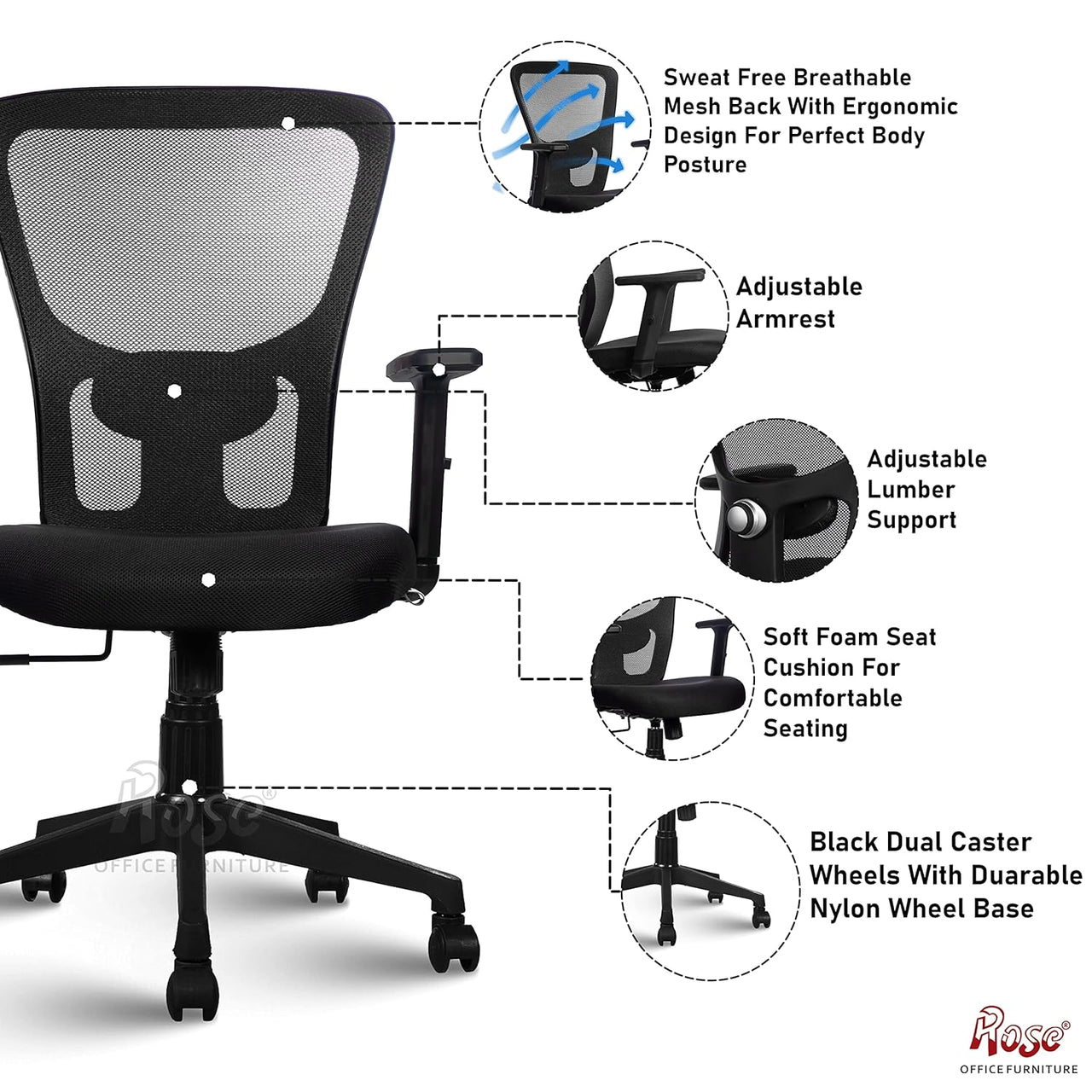 Teesla Mesh High-Back/Mid - Back Ergonomic Office Chair (Black, Mid Back)