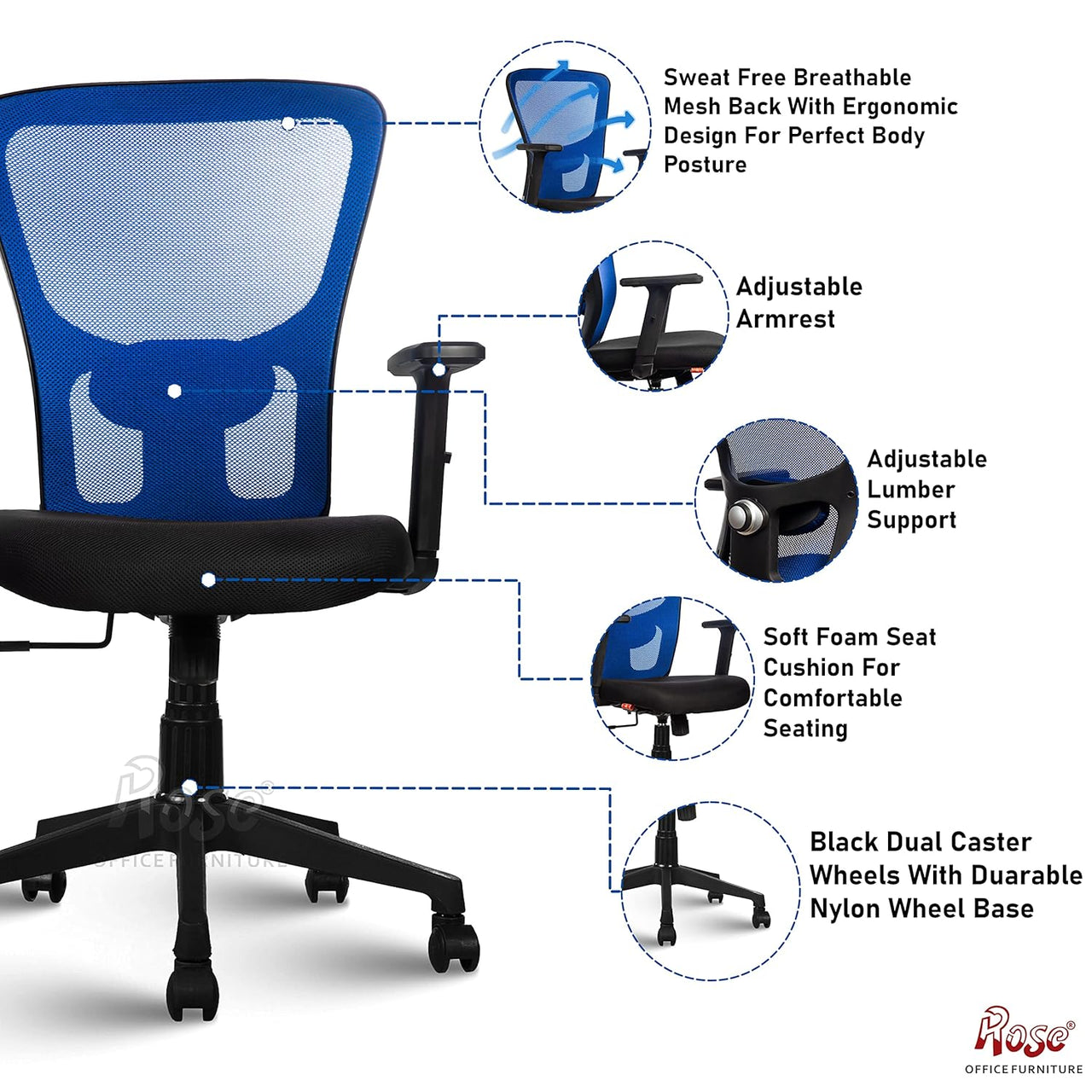 Teesla Mesh High-Back/Mid - Back Ergonomic Office Chair (Blue, Mid Back)