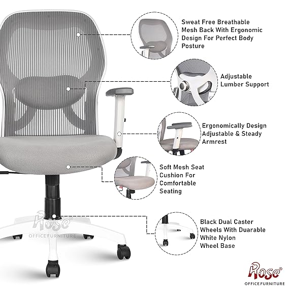Platinum Mesh Mid - Back Ergonomic Office Chair (White & Grey)