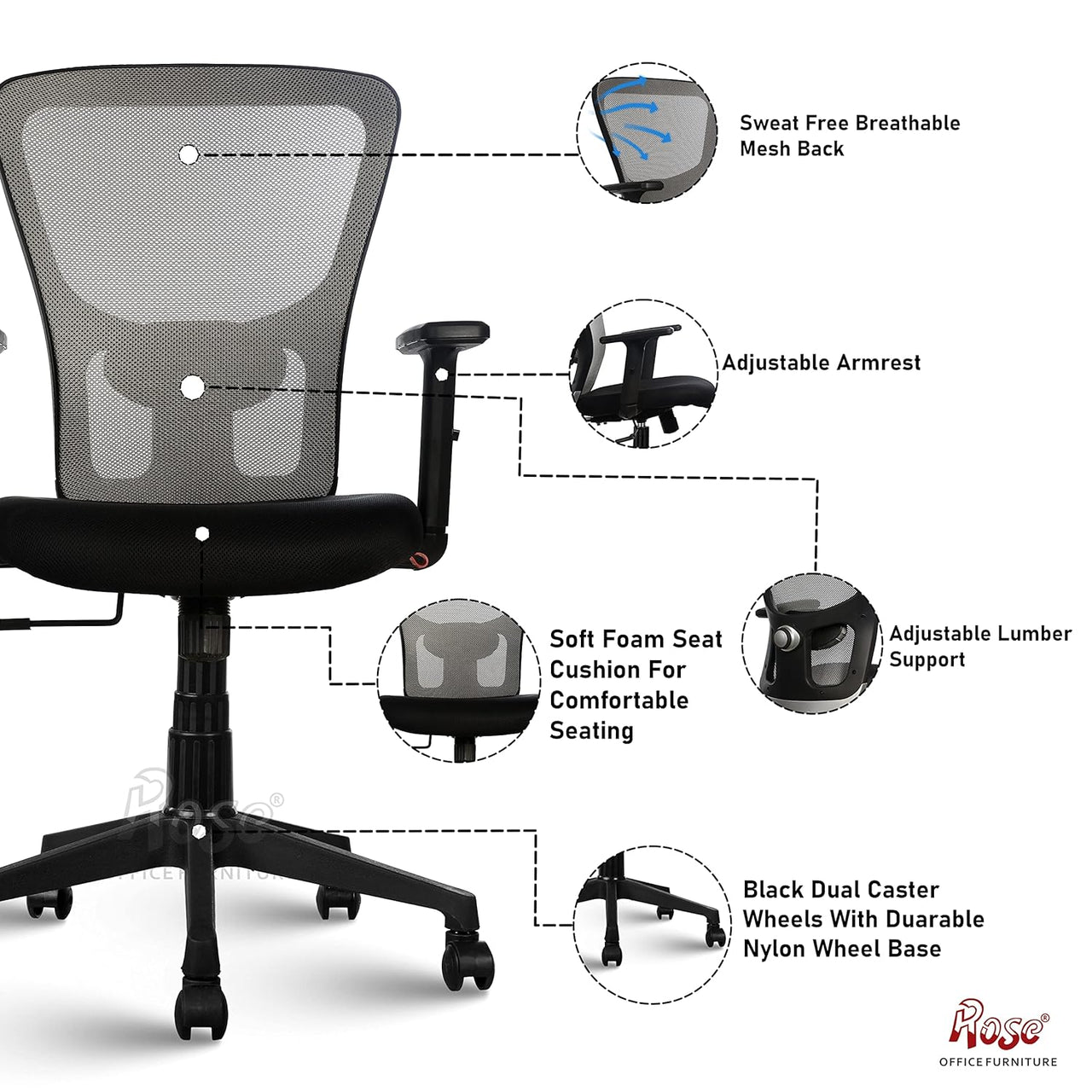 Teesla Mesh High-Back/Mid - Back Ergonomic Office Chair (Grey, Mid Back)