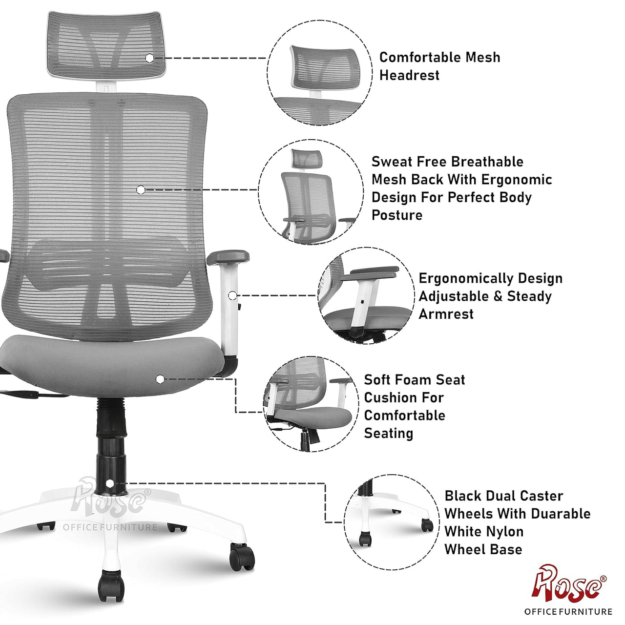 Wave Mesh High - Back/Mid - Back Ergonomic Office Chair(White & Grey, High Back)