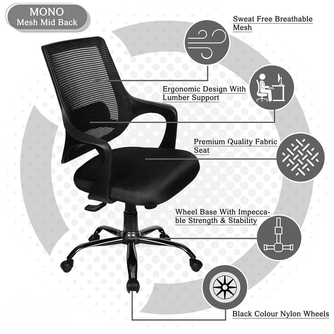 Mono Mesh Mid-Back Ergonomic Office Chair  (Black)