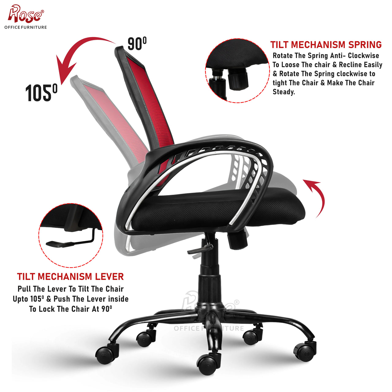 Mesh Mid-Back Ergonomic Office Chair (Blazia) (Red & Black)