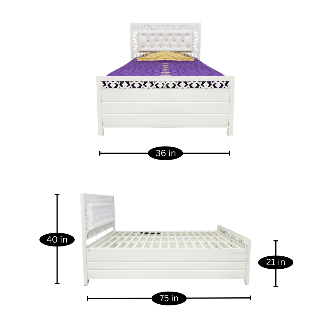 Cuba Hydraulic Storage Queen Metal Bed with White Cushion Headrest (Color - White)