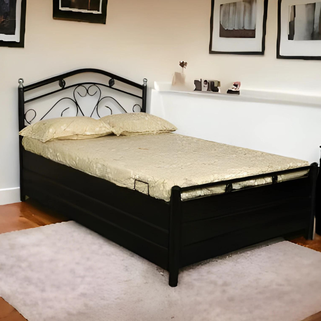 Dove Hydraulic Storage Single Metal Bed (Color - Black) with Designer Headrest