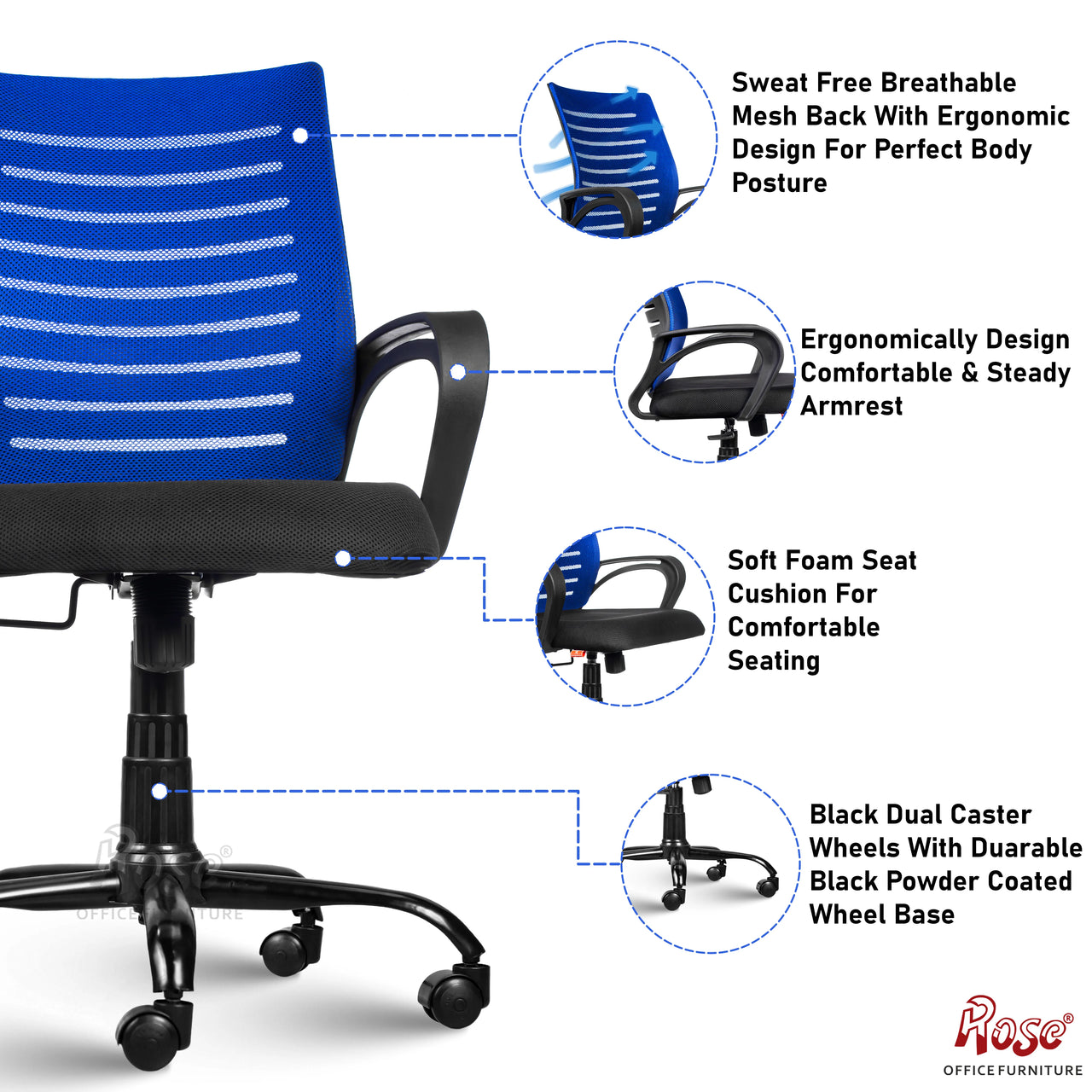 Mesh Mid-Back Ergonomic Office Chair (Elite) (Blue and Black)