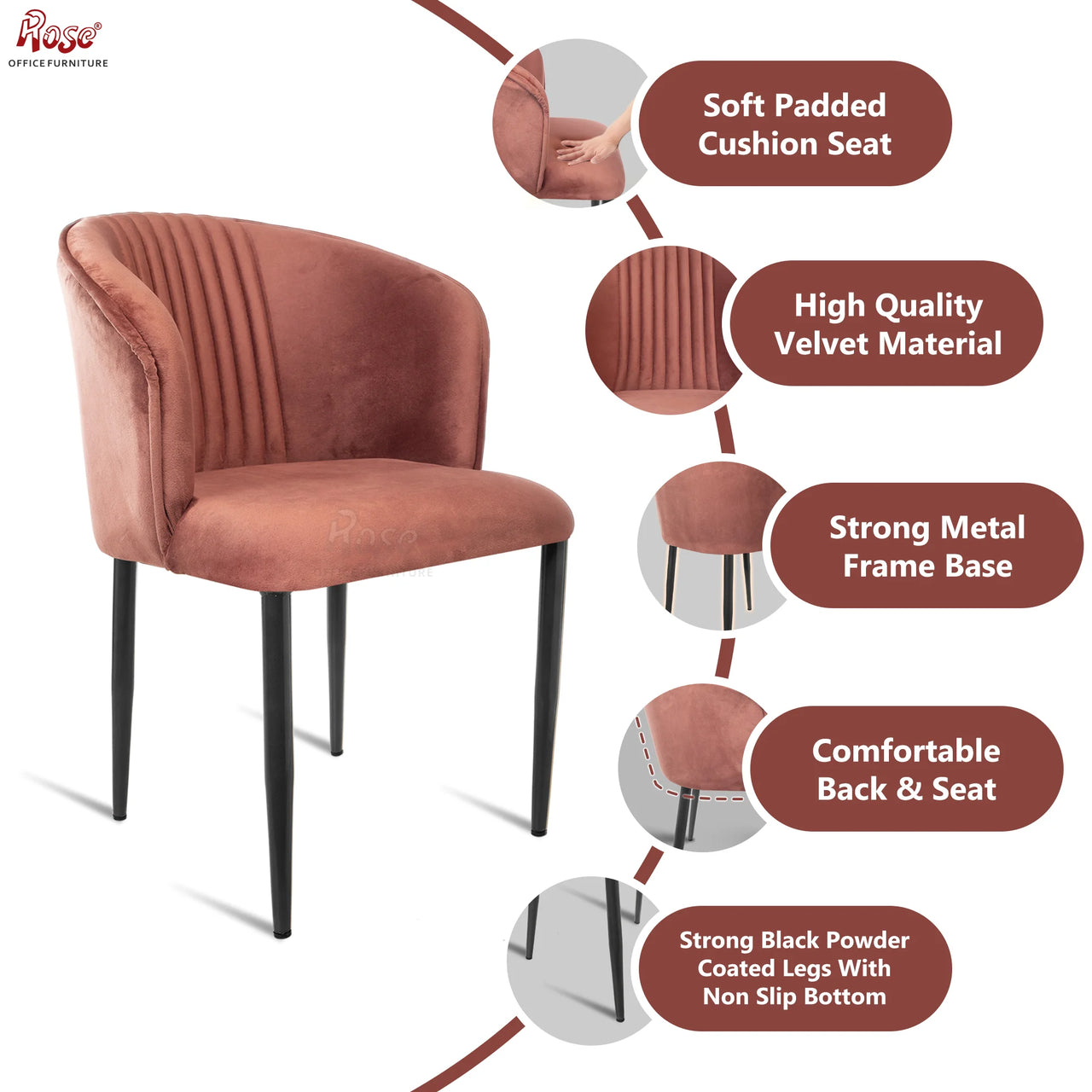 Fire Cafe Chair | Modern Velvet Dining Chair (Coral Pink)