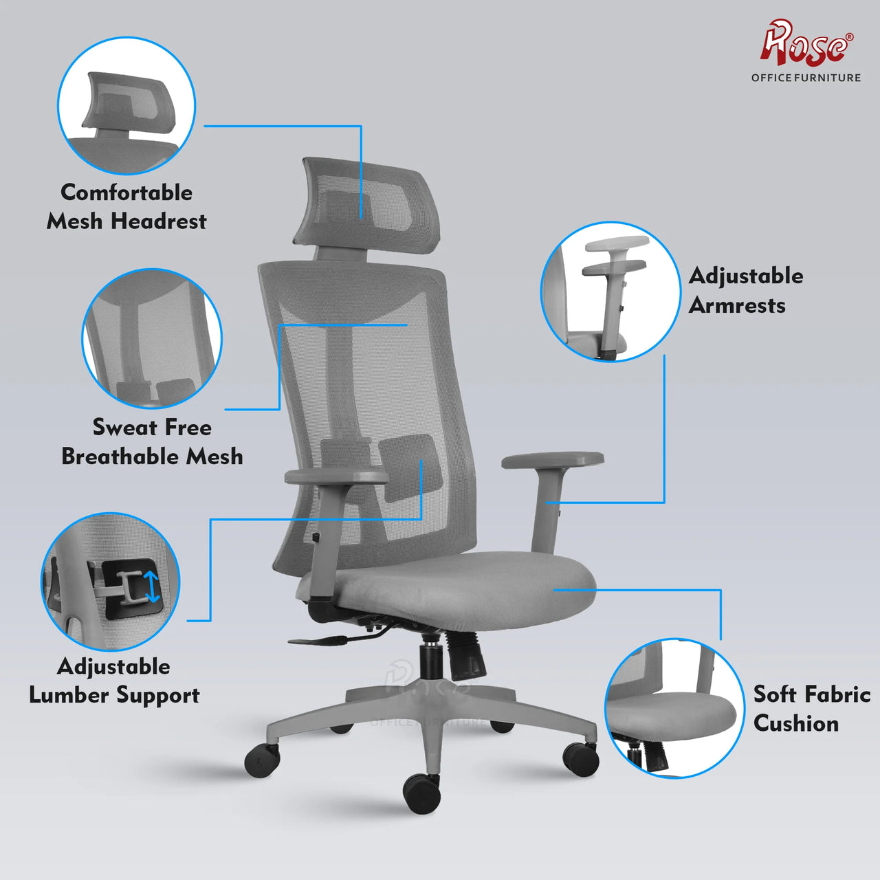 Henley Mesh High-Back Ergonomic Office Chair  (Grey)
