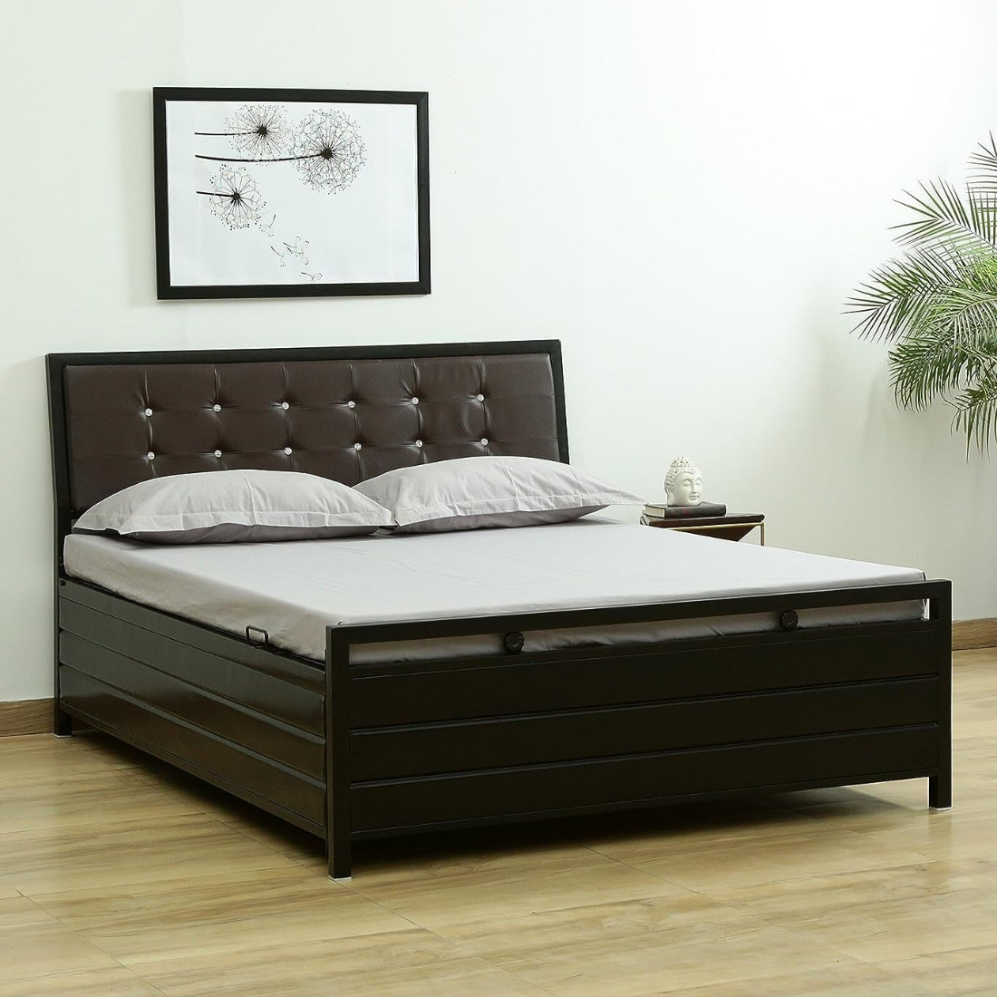 Heath Hydraulic Storage Queen Metal Bed with Black Cushion Headrest (Color - Black)