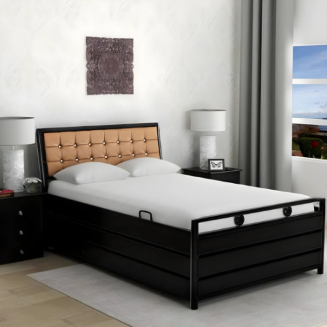 Heath Hydraulic Storage Single Metal Bed with Golden Cushion Headrest (Color - Black)