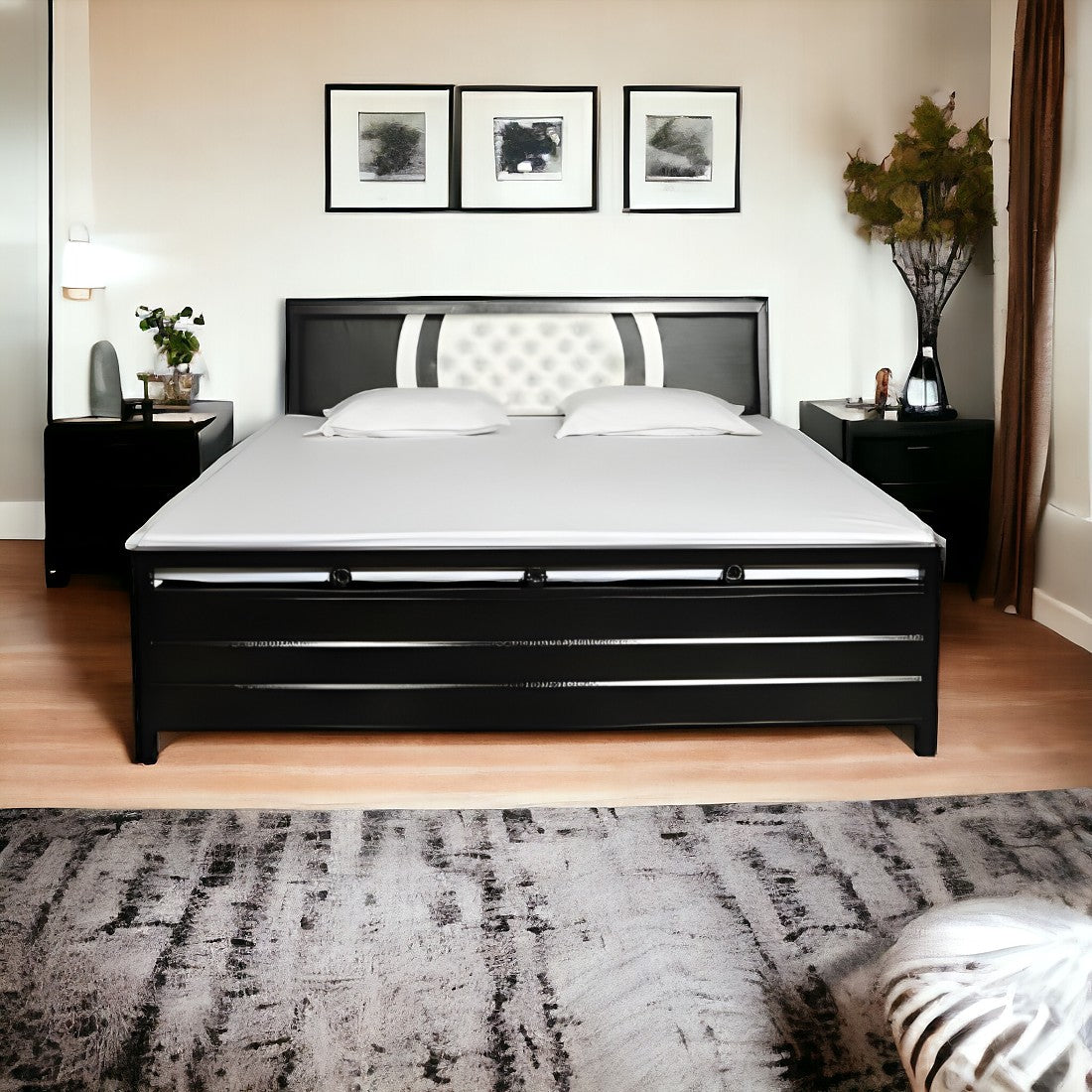 Heath Hydraulic Storage Queen Metal Bed with Multi Cushion Headrest (Color - Black)