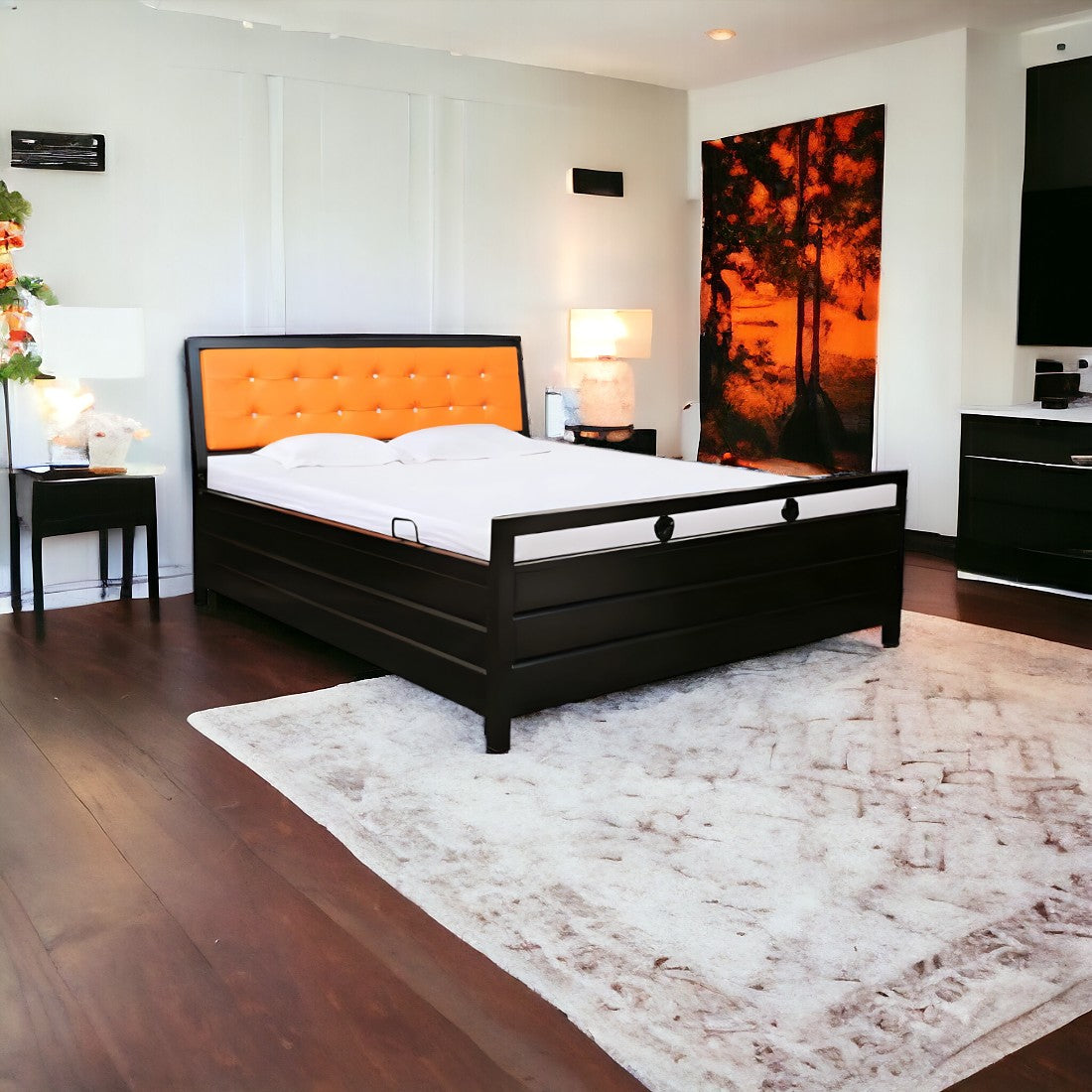 Heath Hydraulic Storage Single Metal Bed with Orange Cushion Headrest (Color - Black)