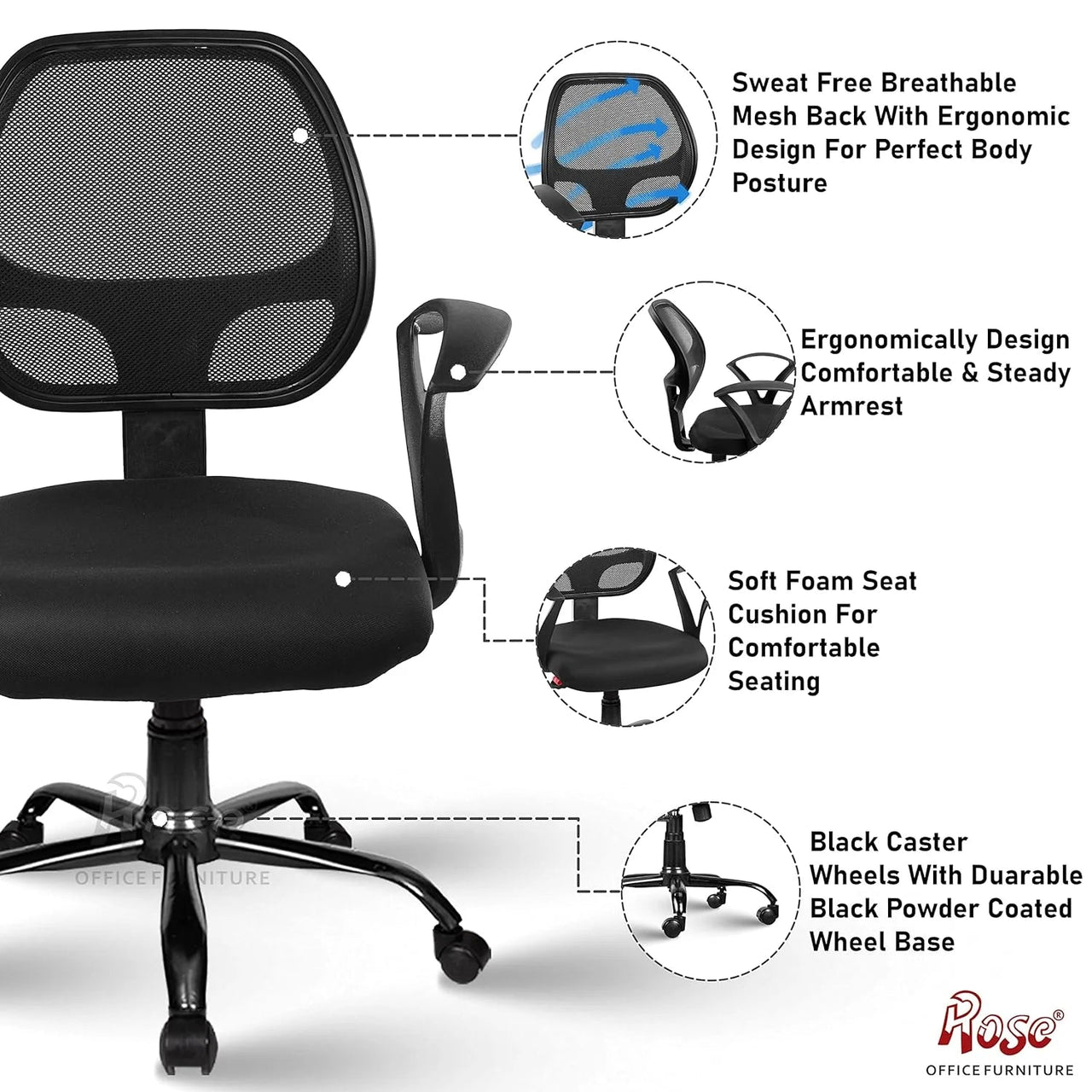 Hippo Mid-Back Ergonomic Office Chair (Black) - ComfyFusion