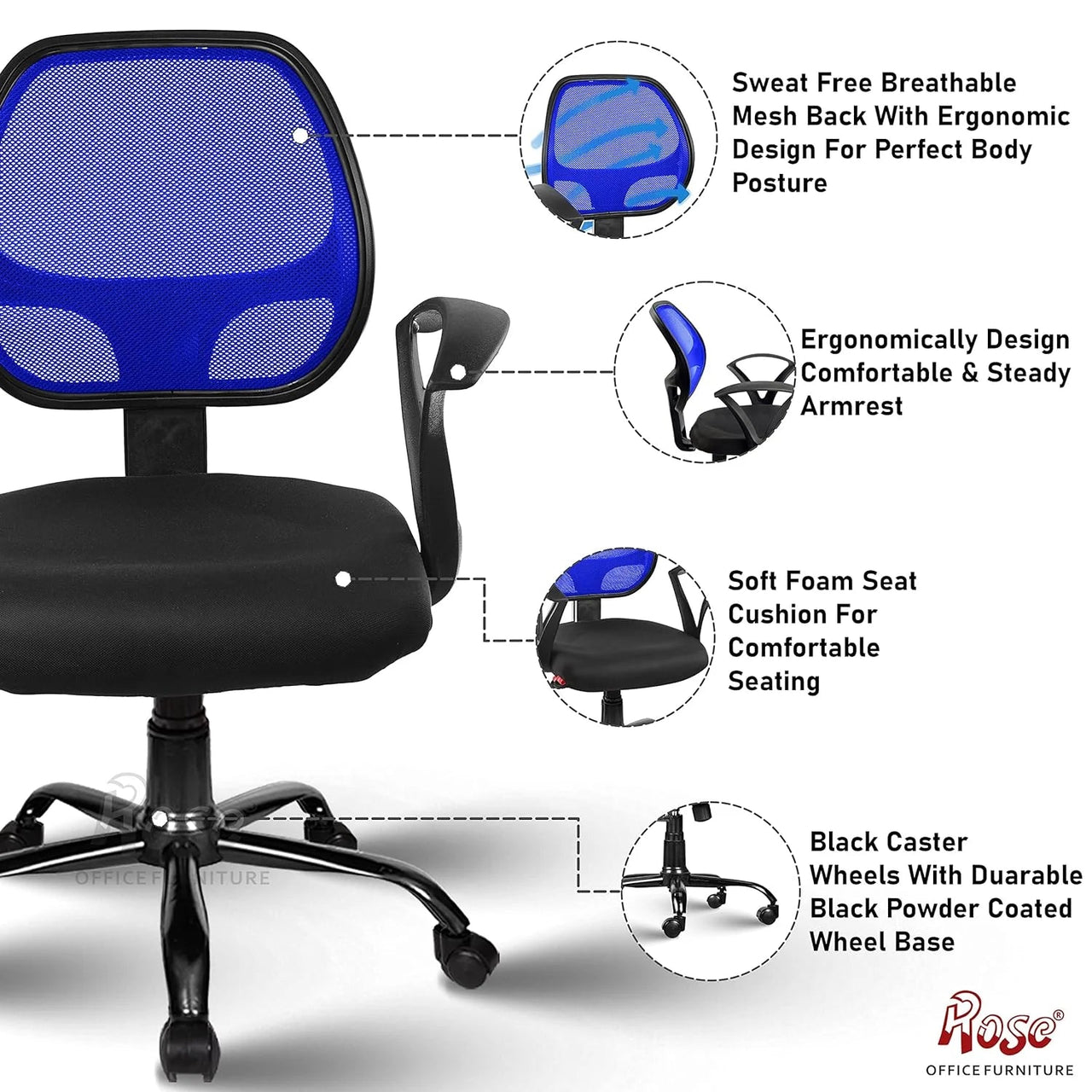 Hippo Mid-Back Ergonomic Office Chair  (Blue) - ComfyFusion