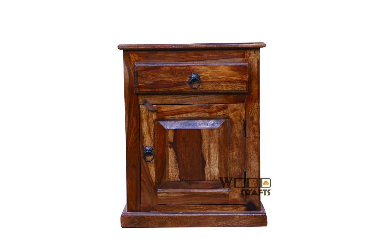 A Antique Log Furniture Sheesham Wood Bedside Table for Bedroom with Storage Drawer and Cabinet Nightstand Table Living Room (Honey Finish)