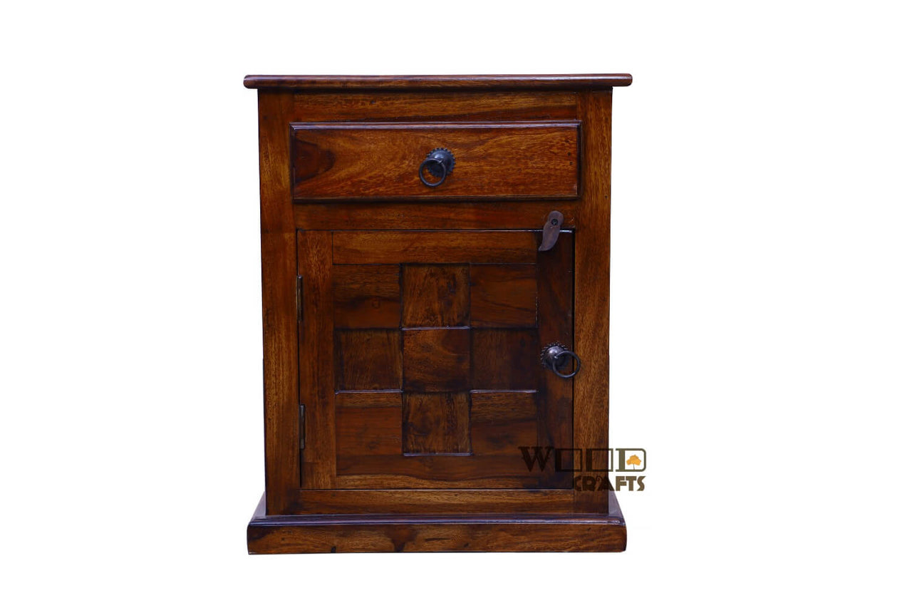 A Antique Log Furniture Sheesham Wood Bedside Table for Bedroom with Storage Drawer and Cabinet Nightstand Table Living Room (Honey Finish)