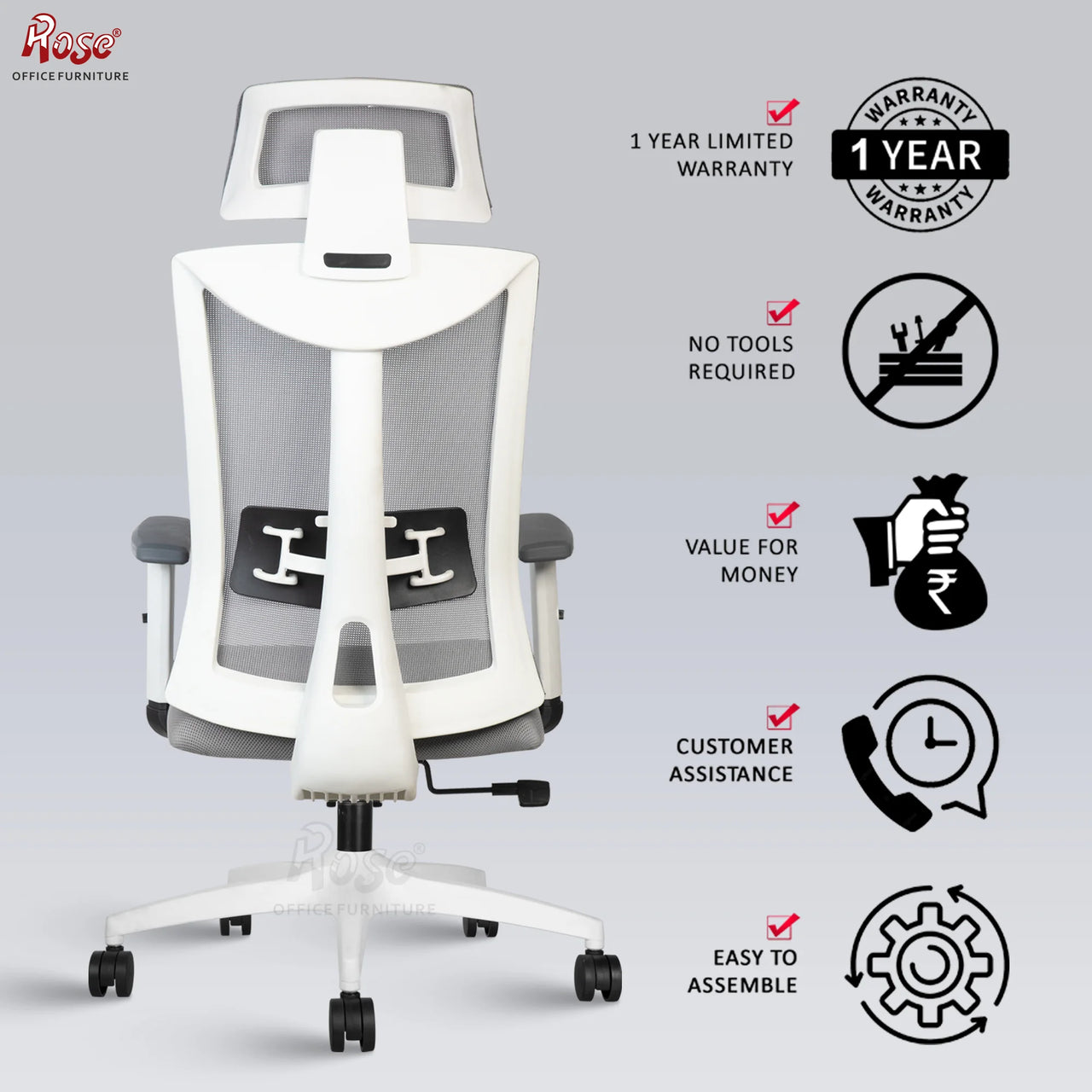 Henley Mesh High-Back Ergonomic Office Chair (White & Grey, High Back)