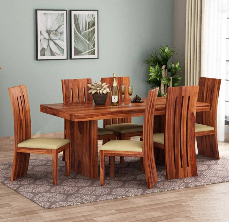A Antique Log Furniture Made Pure Solid Sheesham Wood 6 Seater Dining Table with 6 Chair Best for Dining Room & Living Room, with Best Fininshing Color -Honey