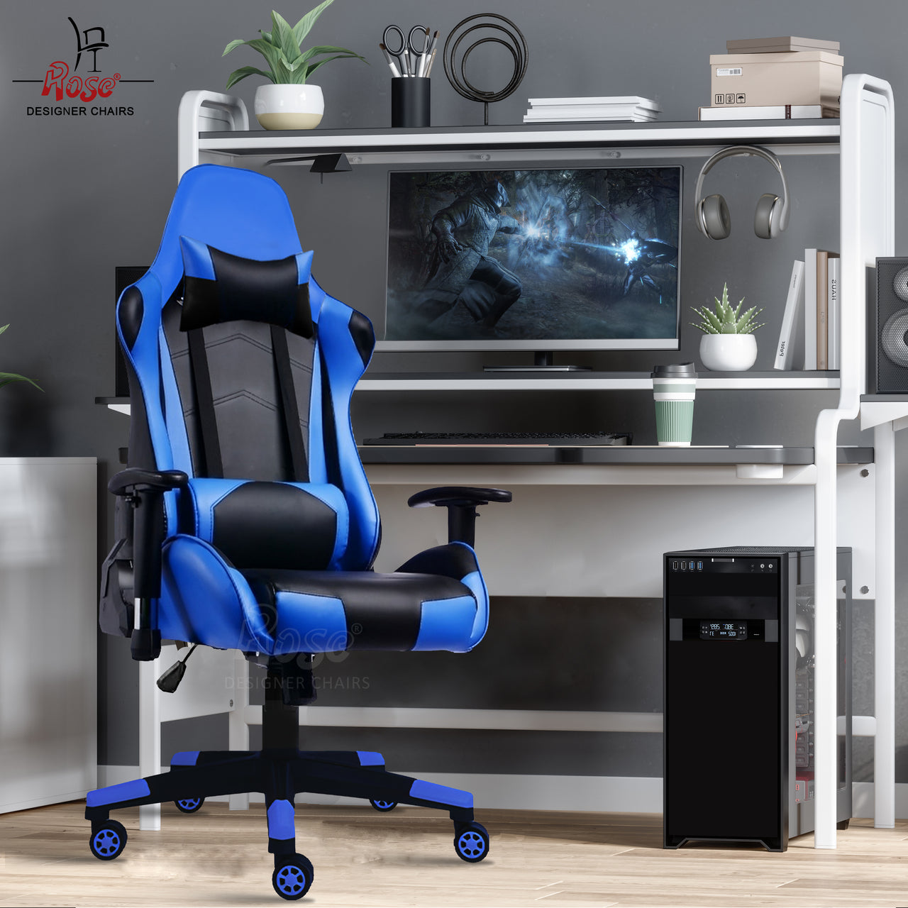 Up Gamer Multi-Functional Footrest Ergonomic Gaming Chair with Lumbar Support | Adjustable Back Rest | Fixed Arm Rest | Office/Work from Home | Ergonomic High Back Chair (Blue & Black)