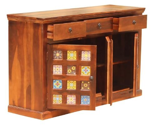 A antique log furniture solid Sheesham Wooden FULL TILE Sideboard Cabinet with 3 Drawers and 3 Shelves for Home Living Room Furniture | Kitchen Cabinet Storage Sheesham Wood,Honey Finish