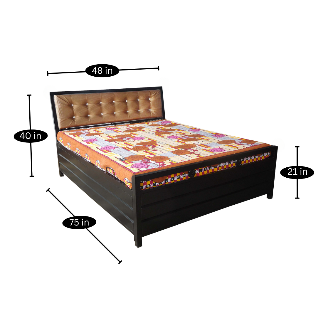 Heath Hydraulic Storage Double Metal Bed with Golden Cushion Headrest (Color - Black)