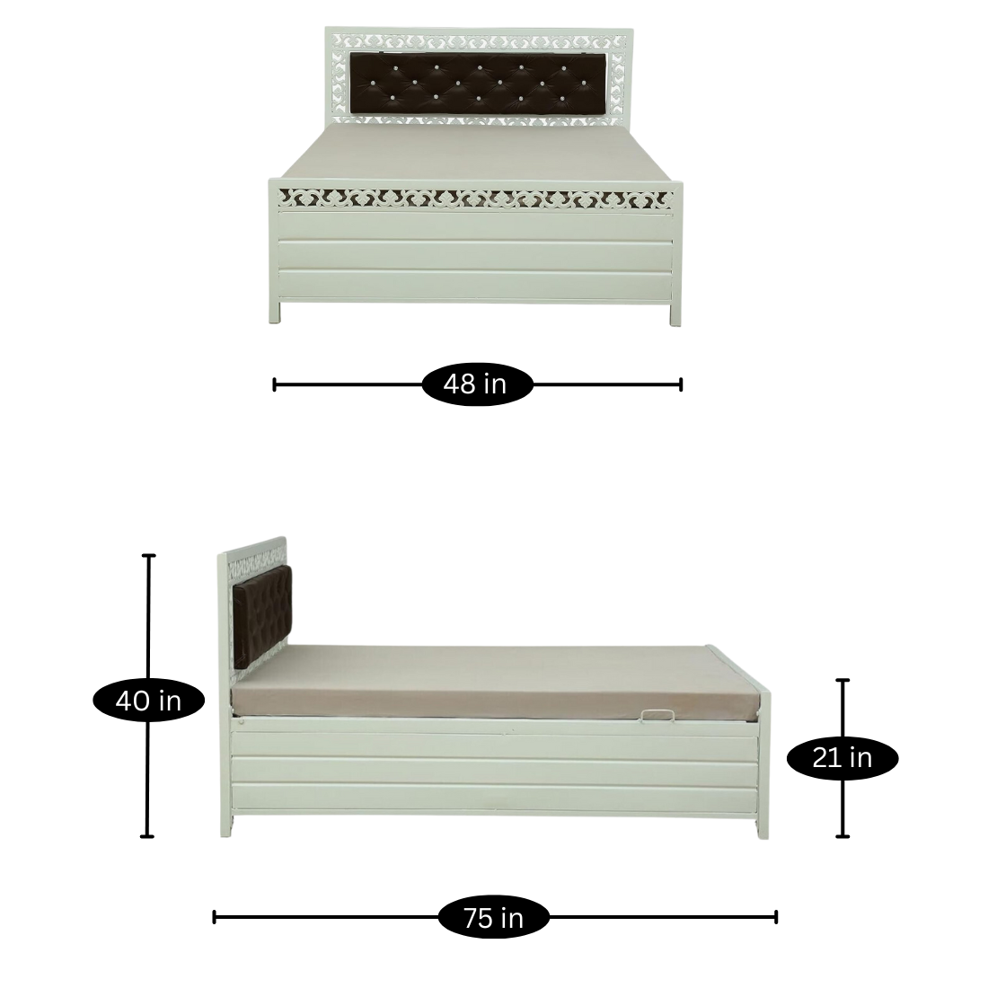 Cuba Hydraulic Storage Double Metal Bed with Brown Cushion Headrest (Color - White)