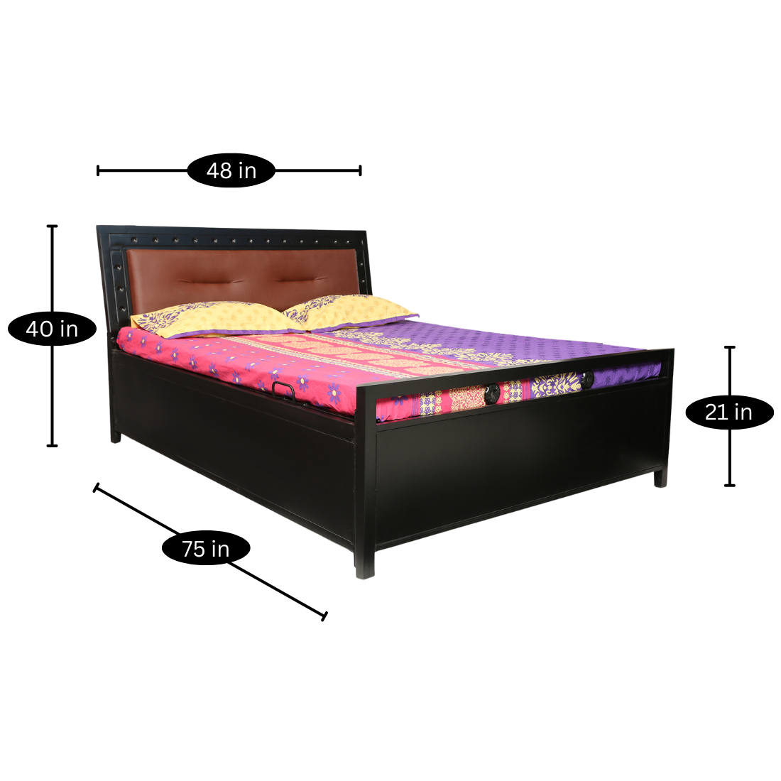 Daisy Hydraulic Storage Double Metal Bed with Brown Cushion Headrest (Color - Black)