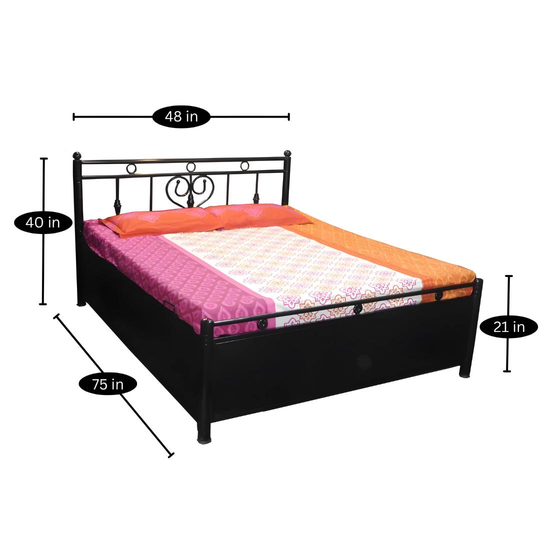 Dustin Hydraulic Storage Double Metal Bed (Color - Black) with Designer Headrest