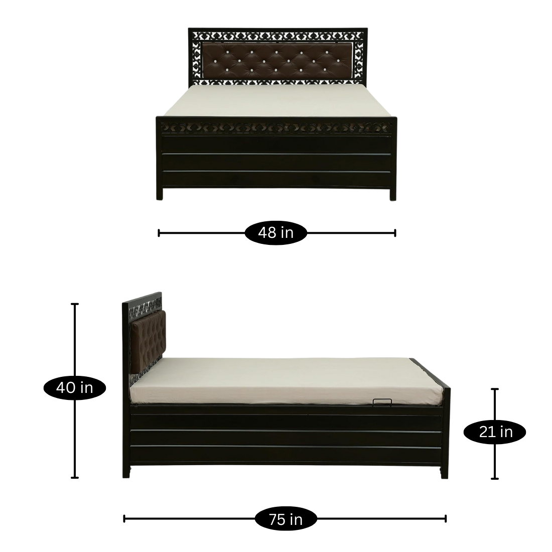 Cuba Hydraulic Double Metal Bed with Storage and Brown Cushion Headrest (Color - Black)
