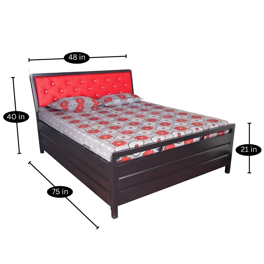 Heath Hydraulic Storage Double Metal Bed with Red Cushion Headrest (Color - Black)