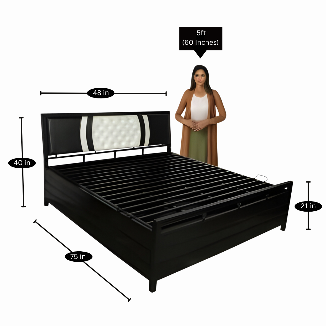 Heath Hydraulic Storage Double Metal Bed with Multi Cushion Headrest (Color - Black)