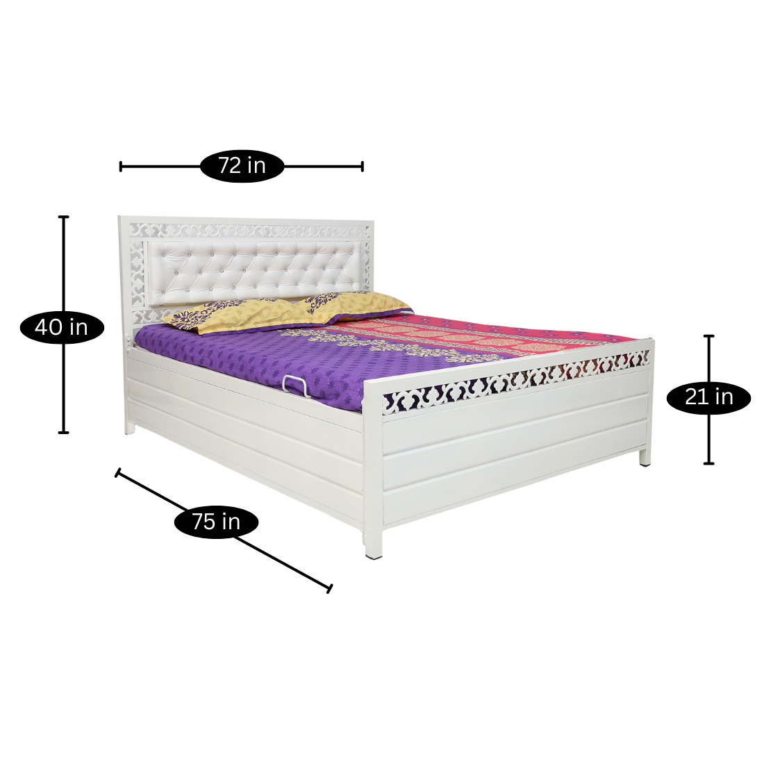 Cuba Hydraulic Storage King Metal Bed with White Cushion Headrest (Color - White)