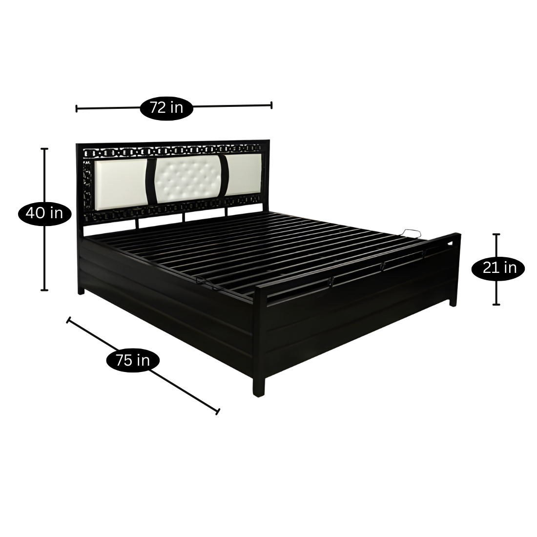 Bostan Hydraulic Storage King Metal Bed with White Cushion Headrest (Color - Black)