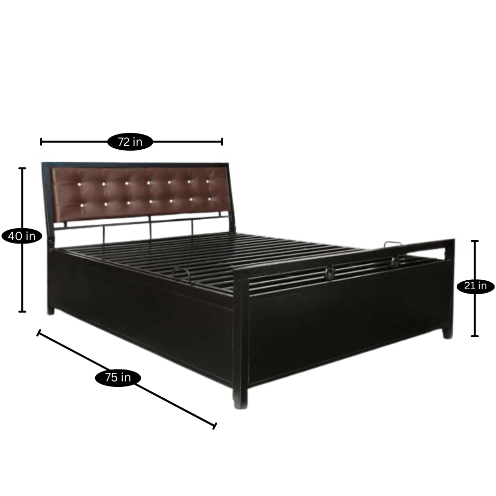 Heath Hydraulic Storage King Metal Bed with Brown Cushion Headrest (Color - Black)
