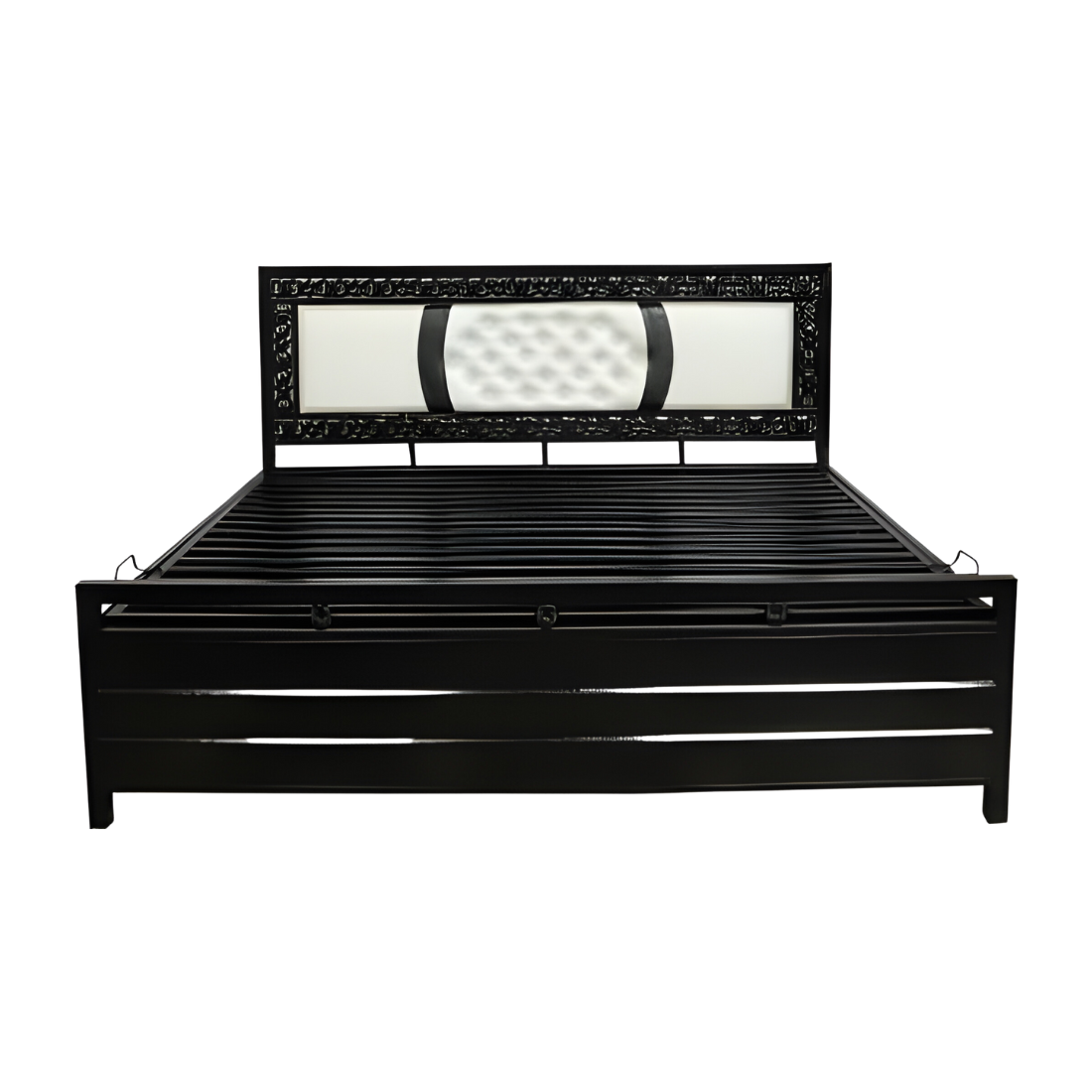 Bostan Hydraulic Storage Queen Metal Bed with White Cushion Headrest (Color - Black)