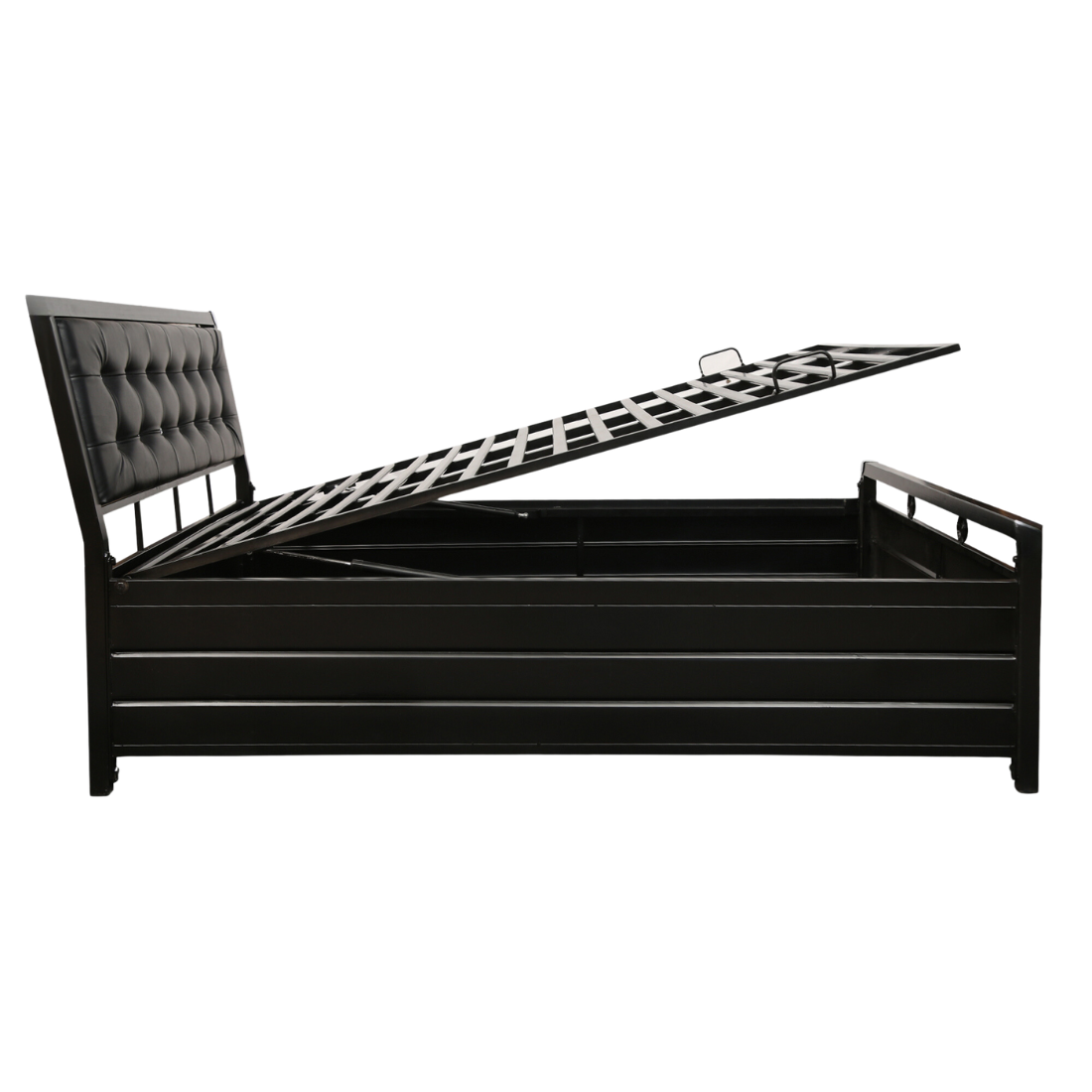 Heath Hydraulic Storage Double Metal Bed with Black Cushion Headrest (Color - Black)