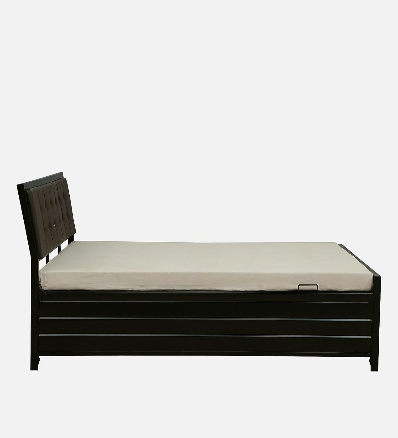 Heath Hydraulic Storage King Metal Bed with Black Cushion Headrest (Color - Black)