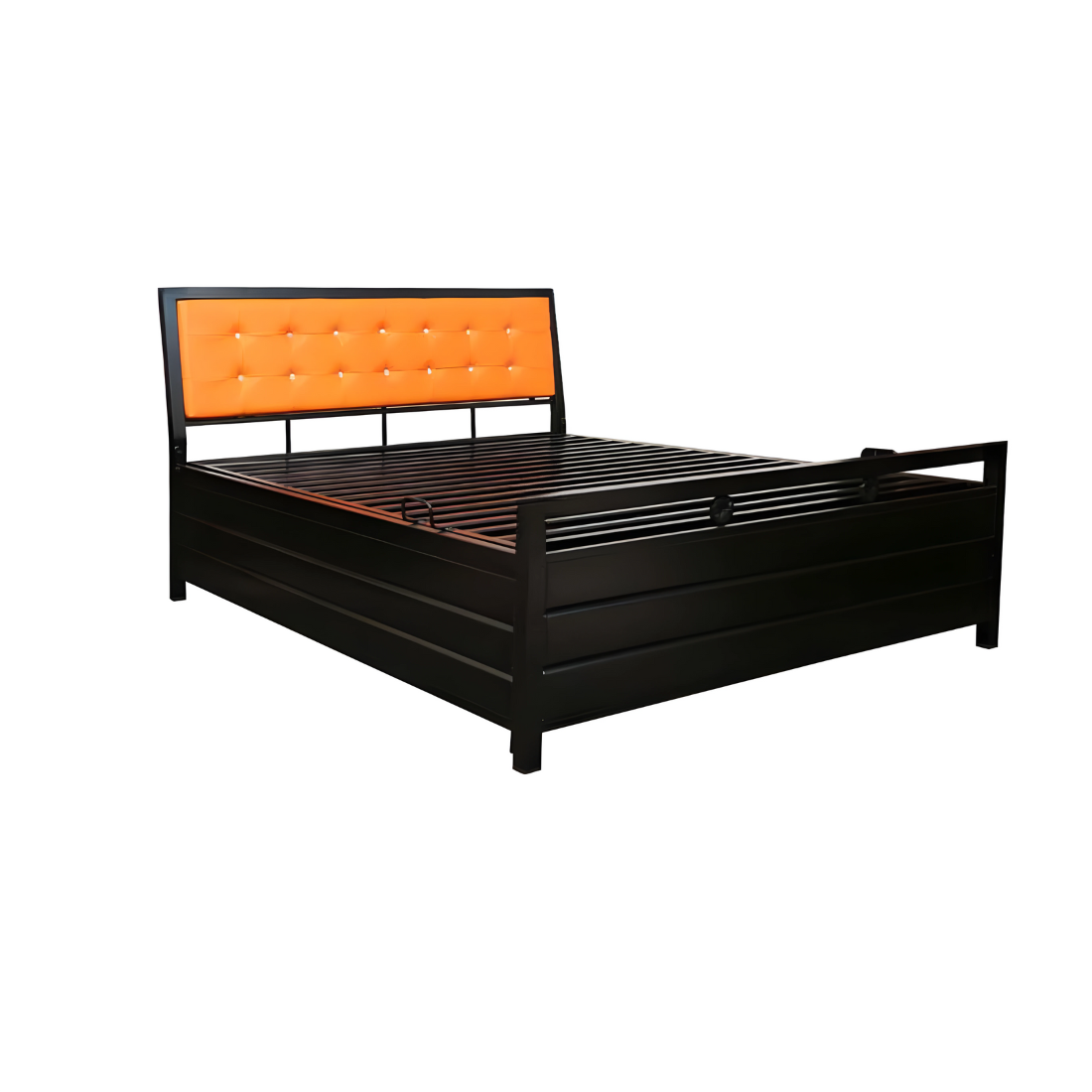 Heath Hydraulic Storage King Metal Bed with Orange Cushion Headrest (Color - Black)